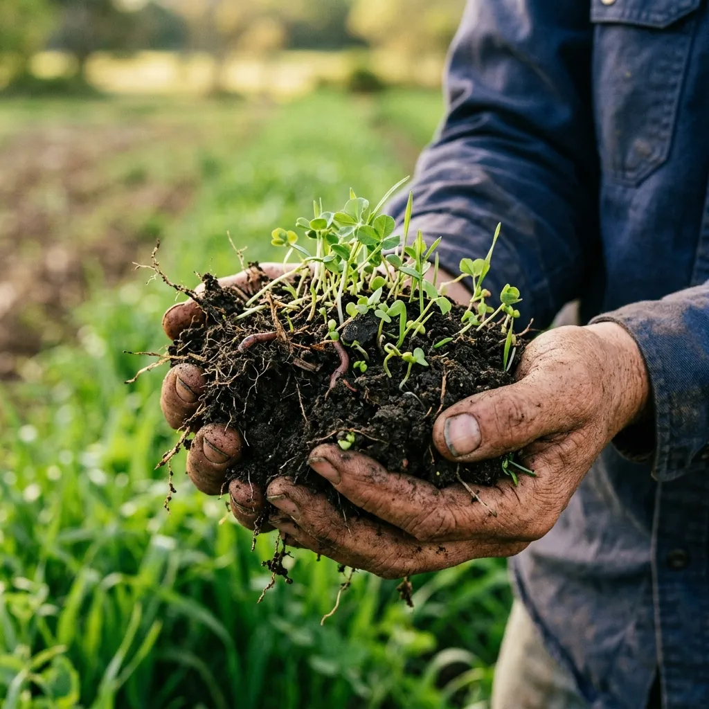 Hands holding dark, healthy topsoil with a seedling above a cultivated field